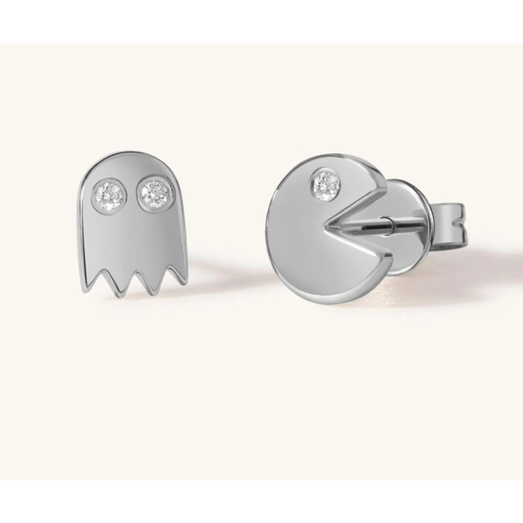 NEW Mismatch 14k White Gold Diamond Accent Pac-Man and Ghost Stud‎ Earrings - Picture 9 of 9